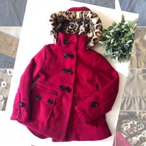 ❤️ Girls Red & Leopard Pea Coat